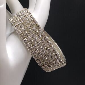 Clear Rhinestone Silver Tone Stretch Metal Bracelet, Wedding, 7 Inches